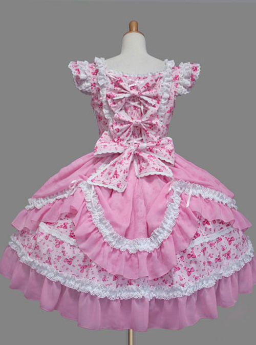 Pink And White Lace Bowknot Sweet Lolita Fly Sleeves Dress