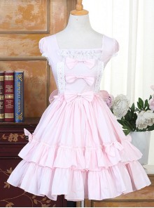 Pink Bind Straps Lace Sweet Lolita Short Sleeves Dress