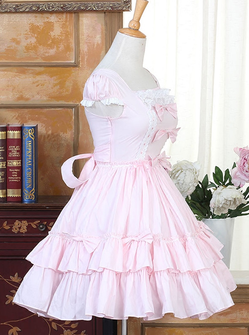 Pink Bind Straps Lace Sweet Lolita Short Sleeves Dress