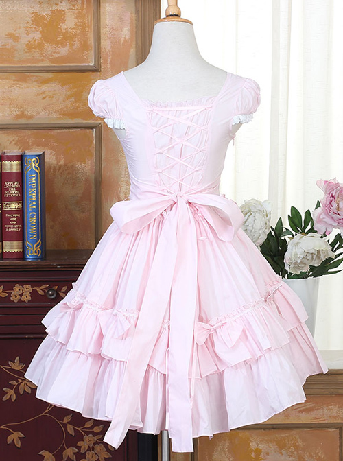 Pink Bind Straps Lace Sweet Lolita Short Sleeves Dress