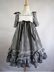 Summer Resort Girls Plaid High Waist Sweet Lolita Short Sleeves Dress