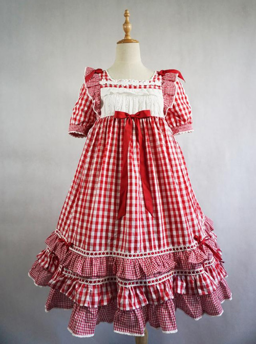 Summer Resort Girls Plaid High Waist Sweet Lolita Short Sleeves Dress