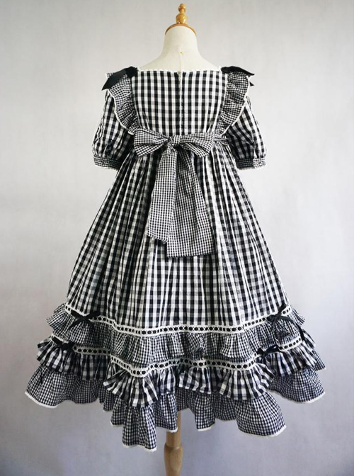 Summer Resort Girls Plaid High Waist Sweet Lolita Short Sleeves Dress