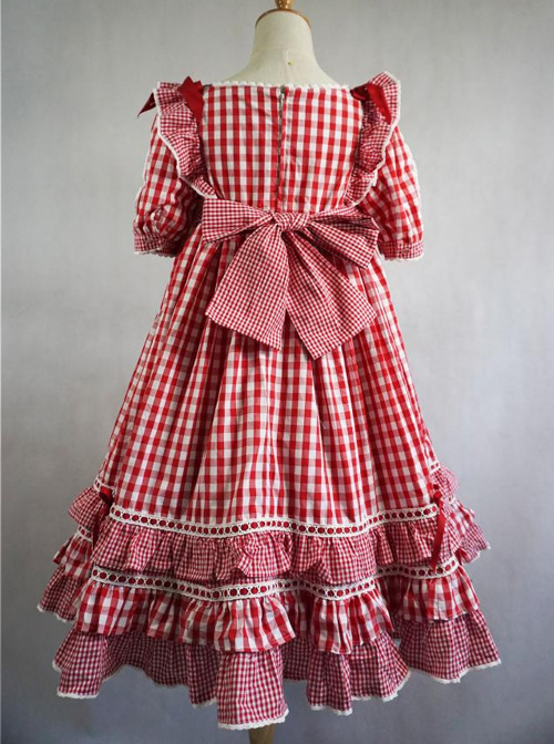 Summer Resort Girls Plaid High Waist Sweet Lolita Short Sleeves Dress