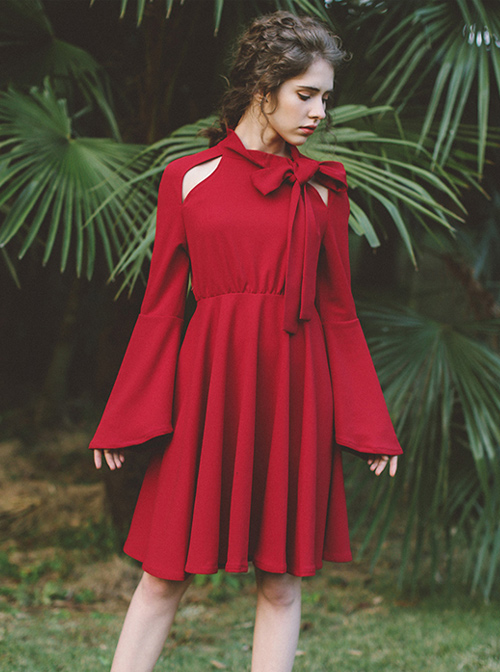 Elegant Red Horn Sleeve Butterfly Collar Classic Lolita Dress