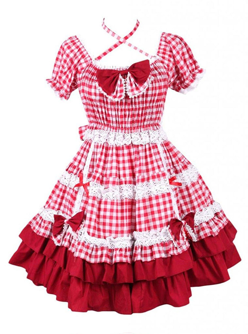 Cotton Red Plaid Ruffle Sweet Lolita Short Sleeve Dress