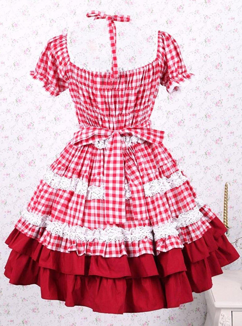 Cotton Red Plaid Ruffle Sweet Lolita Short Sleeve Dress