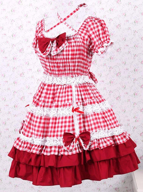 Cotton Red Plaid Ruffle Sweet Lolita Short Sleeve Dress