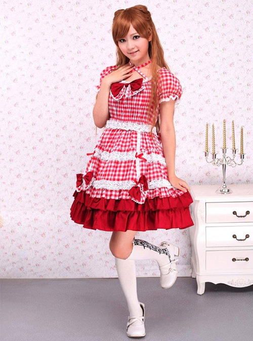 Cotton Red Plaid Ruffle Sweet Lolita Short Sleeve Dress