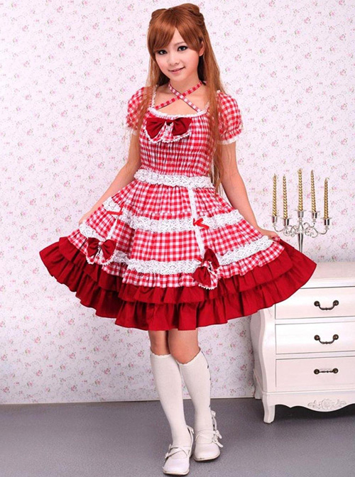 Cotton Red Plaid Ruffle Sweet Lolita Short Sleeve Dress