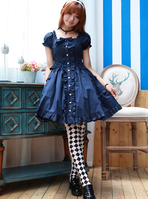 High Waist Ruffles Puff Sleeves Bowknot Sweet Lolita Dress