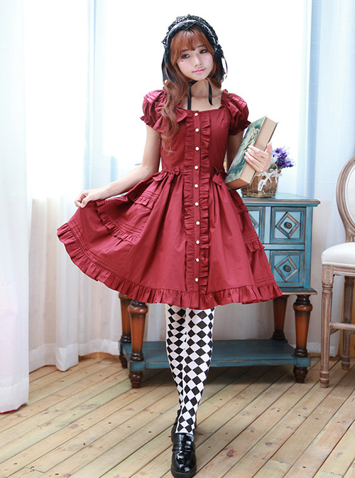 High Waist Ruffles Puff Sleeves Bowknot Sweet Lolita Dress