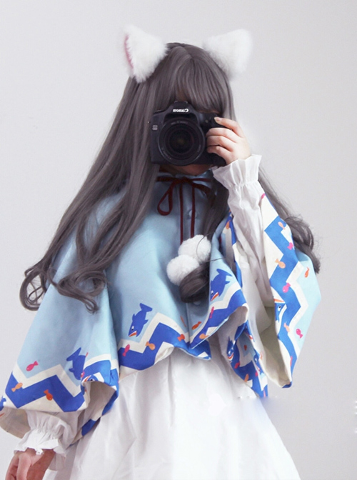 Lovely Shark Series White Long Sleeves Sweet Lolita Dress With Shark Shawl