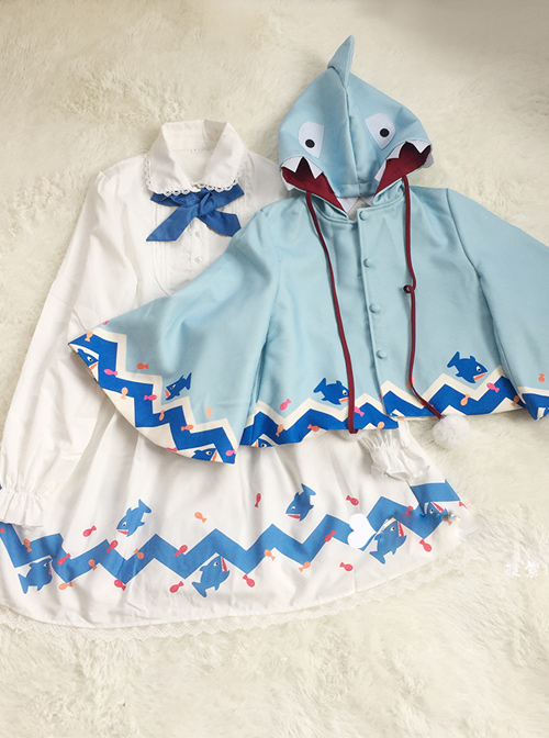 Lovely Shark Series White Long Sleeves Sweet Lolita Dress With Shark Shawl