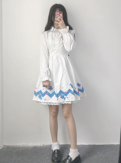 Lovely Shark Series White Long Sleeves Sweet Lolita Dress With Shark Shawl