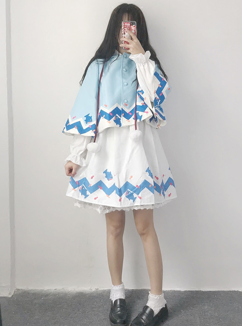 Lovely Shark Series White Long Sleeves Sweet Lolita Dress With Shark Shawl