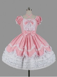 Cotton Bowknot Ruffles Short Sleeves Sweet Lolita Dress