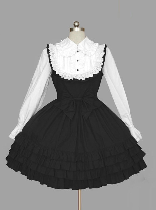 Black And White Long Sleeves Cotton Classic Lolita Dress