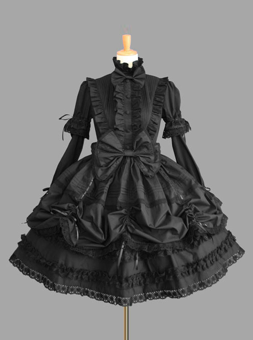 Black Standing Collar Bowknot Gothic Lolita Long Sleeve Dress