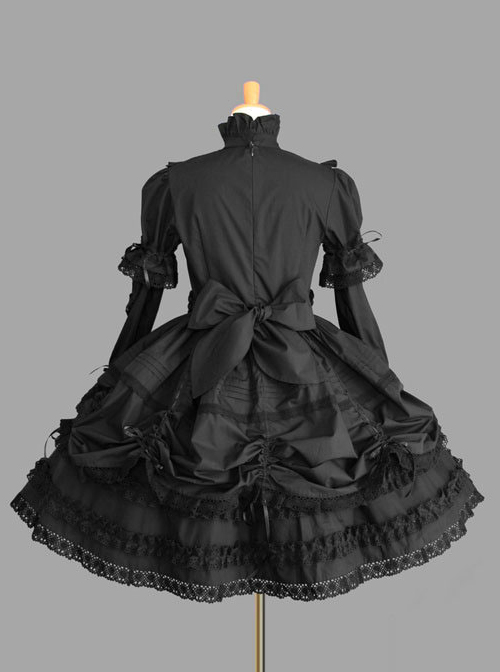 Black Standing Collar Bowknot Gothic Lolita Long Sleeve Dress