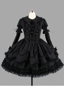 Black Elegant Bows Cotton Gothic Lolita Long Sleeve Dress