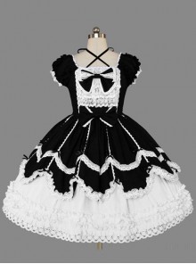 Black And White Cotton Elegant Gothic Lolita Short Sleeves Dress