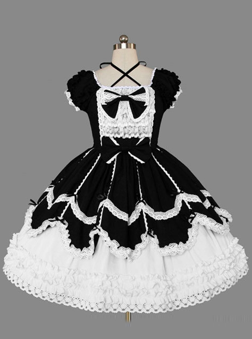 Black And White Cotton Elegant Gothic Lolita Short Sleeves Dress