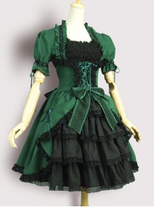 Victorian Retro Green And Black Lace Short Sleeves Classic Lolita Dress