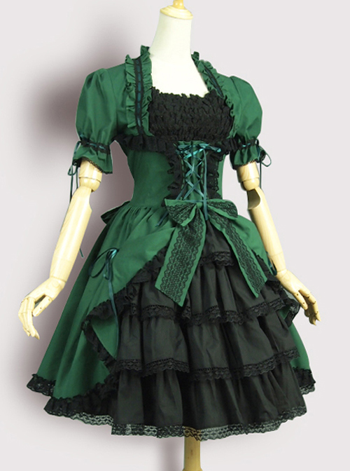 Victorian Retro Green And Black Lace Short Sleeves Classic Lolita Dress