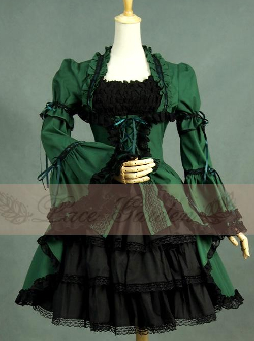 Victorian Retro Green And Black Lace Short Sleeves Classic Lolita Dress