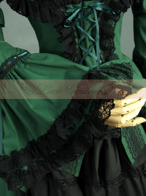 Victorian Retro Green And Black Lace Short Sleeves Classic Lolita Dress