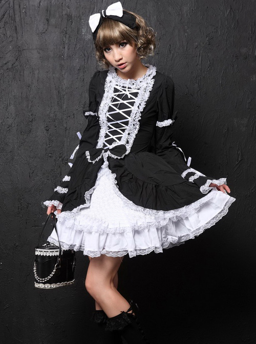 Black Long Sleeves Bowknot White Lace Sweet Lolita Dress