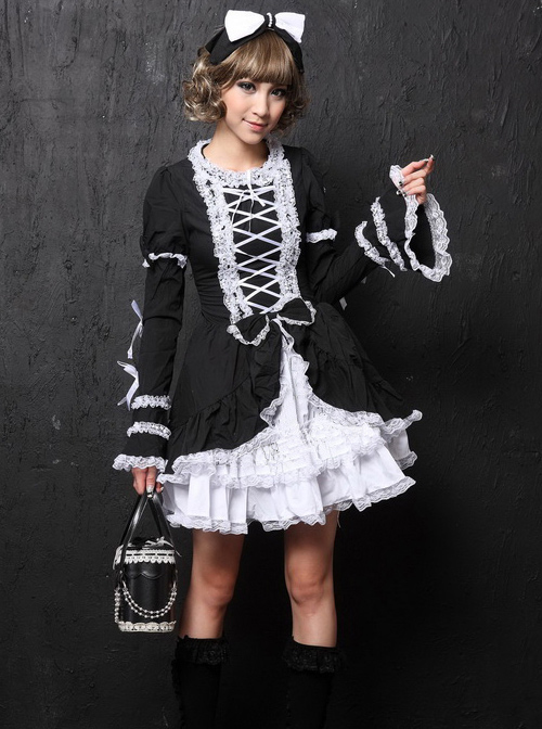 Black Long Sleeves Bowknot White Lace Sweet Lolita Dress