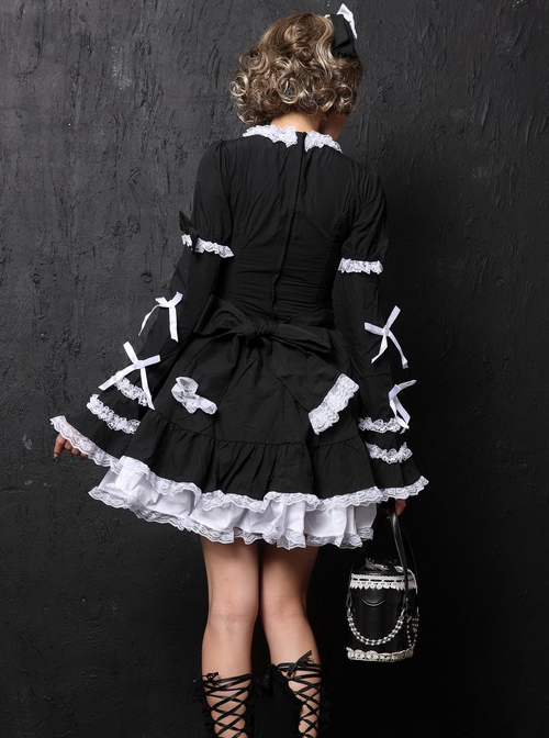 Black Long Sleeves Bowknot White Lace Sweet Lolita Dress