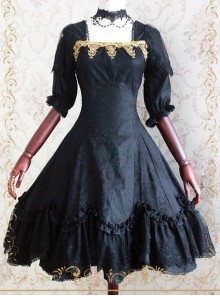 Elegant Black Jacquard Classic Lolita Half Sleeve Dress