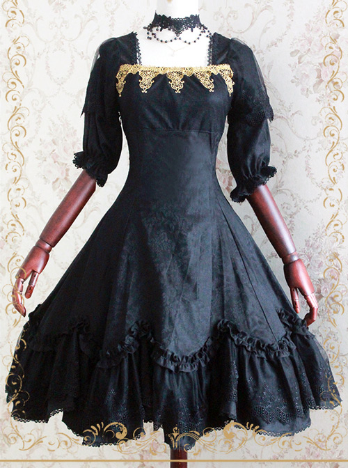 Elegant Black Jacquard Classic Lolita Half Sleeve Dress