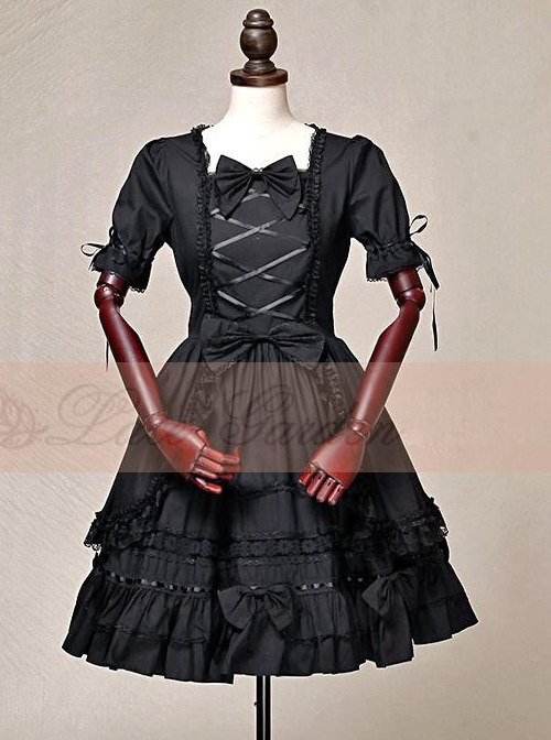 Black Short Sleeves Cotton Bow Gothic Lolita Dress