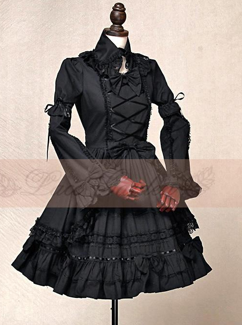 Black Short Sleeves Cotton Bow Gothic Lolita Dress