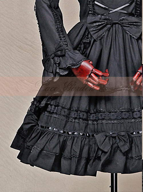 Black Short Sleeves Cotton Bow Gothic Lolita Dress