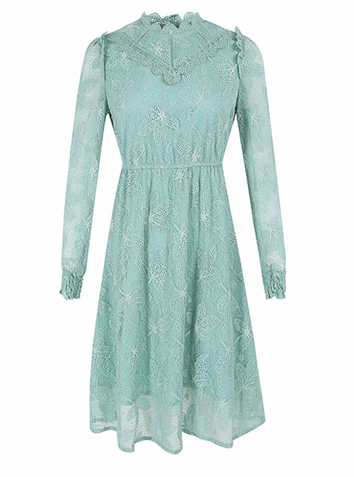 Stand Collar High Waist Lace Long Sleeve A-line Dress