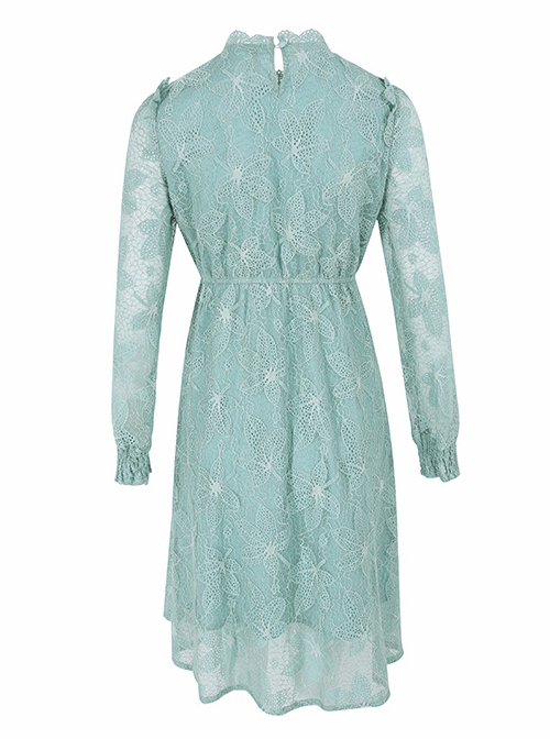 Stand Collar High Waist Lace Long Sleeve A-line Dress