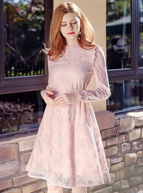 Stand Collar High Waist Lace Long Sleeve A-line Dress