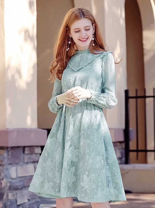 Stand Collar High Waist Lace Long Sleeve A-line Dress