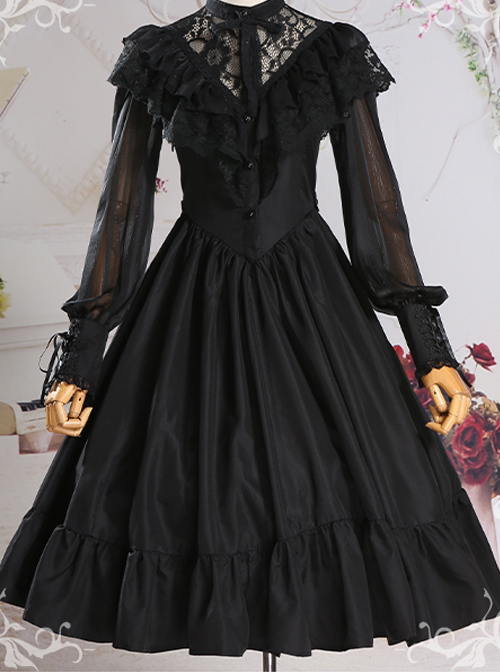 Pure Color Lace Gothic Lolita Long Sleeve Dress