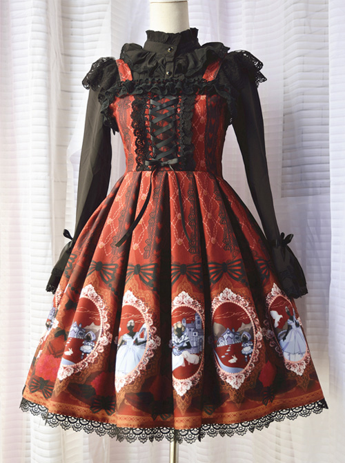 Alice Little Red Cap Series Printing Retro Slim Classic Lolita Sling Dress