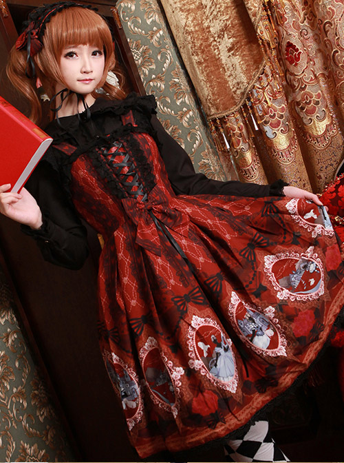 Alice Little Red Cap Series Printing Retro Slim Classic Lolita Sling Dress