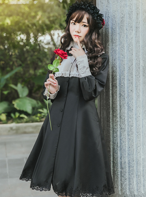 Little Stand Collar Concise Gothic Lolita Long Sleeve Dress