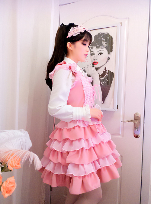 Pink Ruffles Cake Dress Slim Sweet Lolita Dress