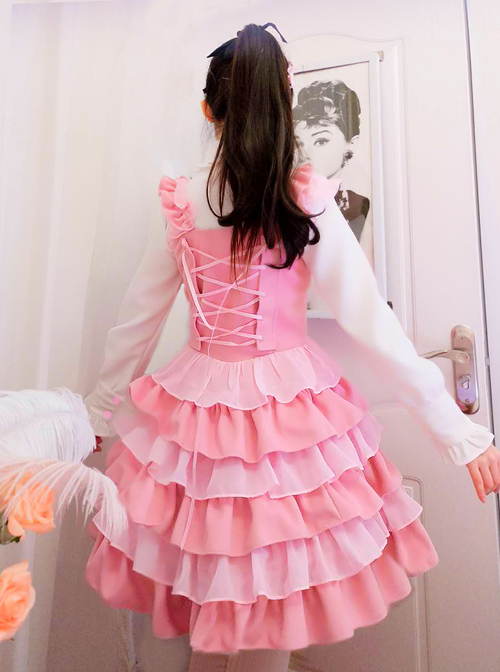 Pink Ruffles Cake Dress Slim Sweet Lolita Dress