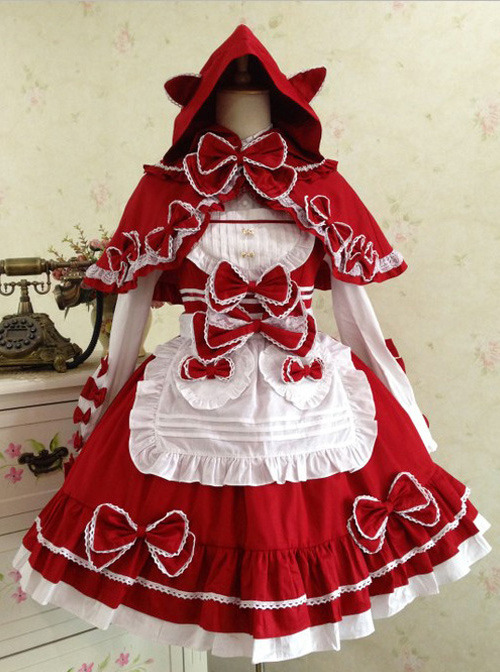 Red And White Lace Bowknot Sweet Lolita Dress Set